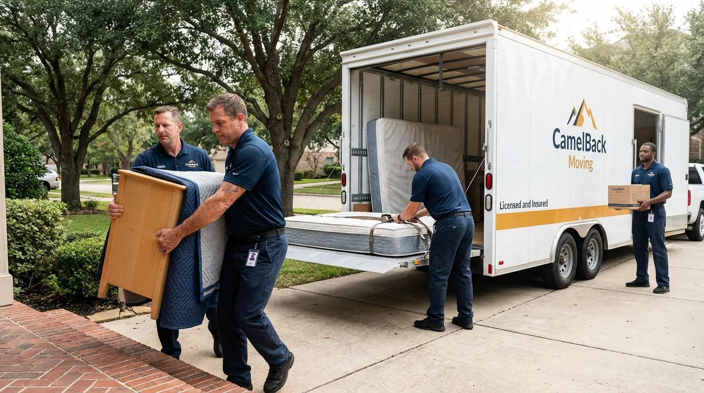 Crew loading residential truck for cross-state move from Center City, MN