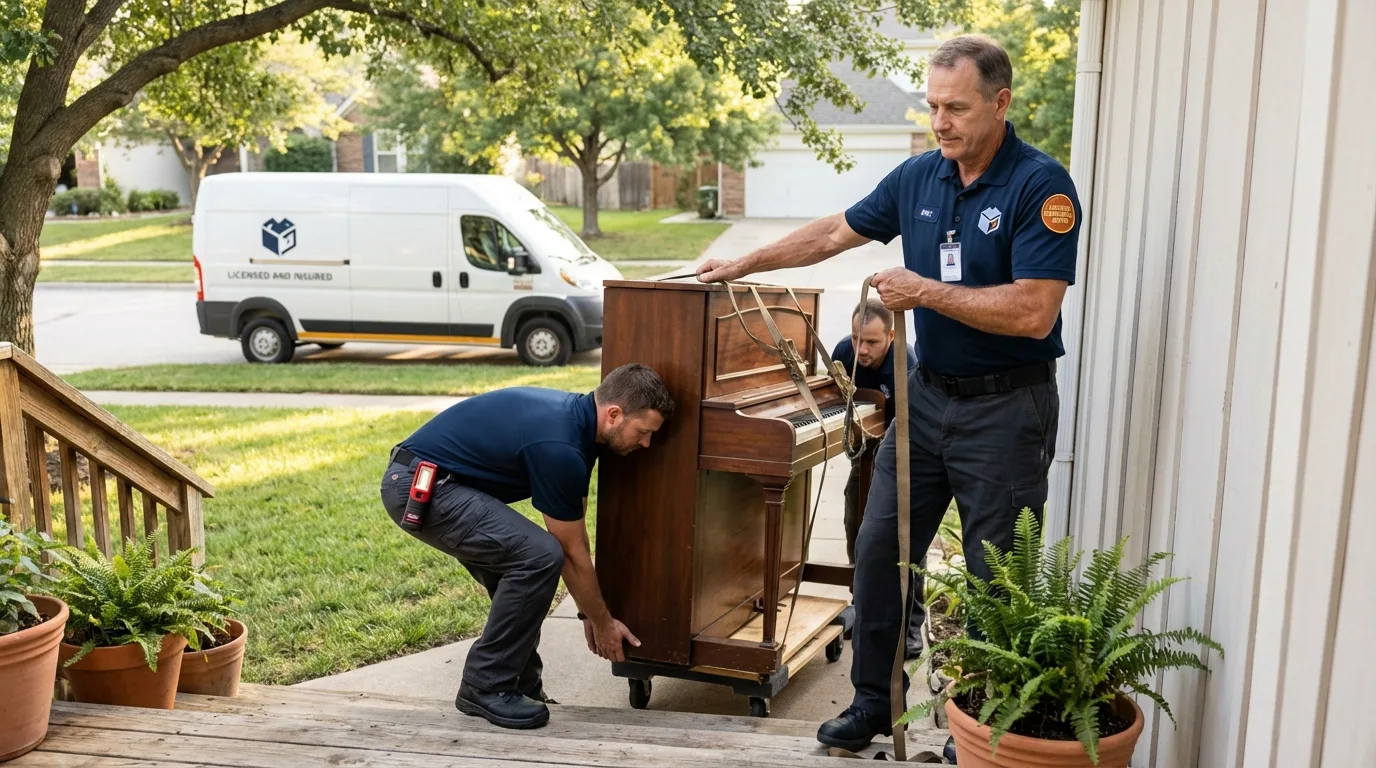 Licensed piano movers securing grand piano in Center City, MN