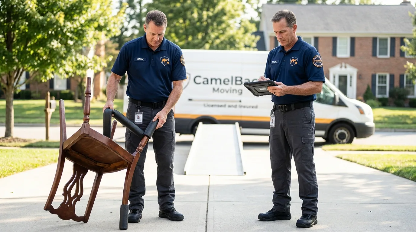 Movers inspecting furniture for damage prevention before loading in Center City, MN