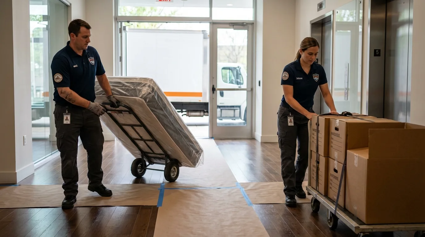 Professional apartment movers loading elevator in Center City, MN