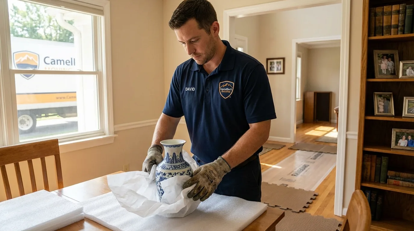 Professional crew carefully wrapping antique vase for senior downsizing move in Center City, MN