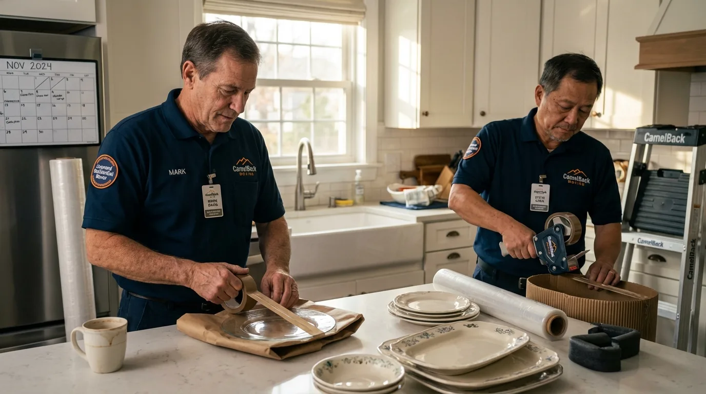 Professional crew packing kitchen dishware in Center City, MN